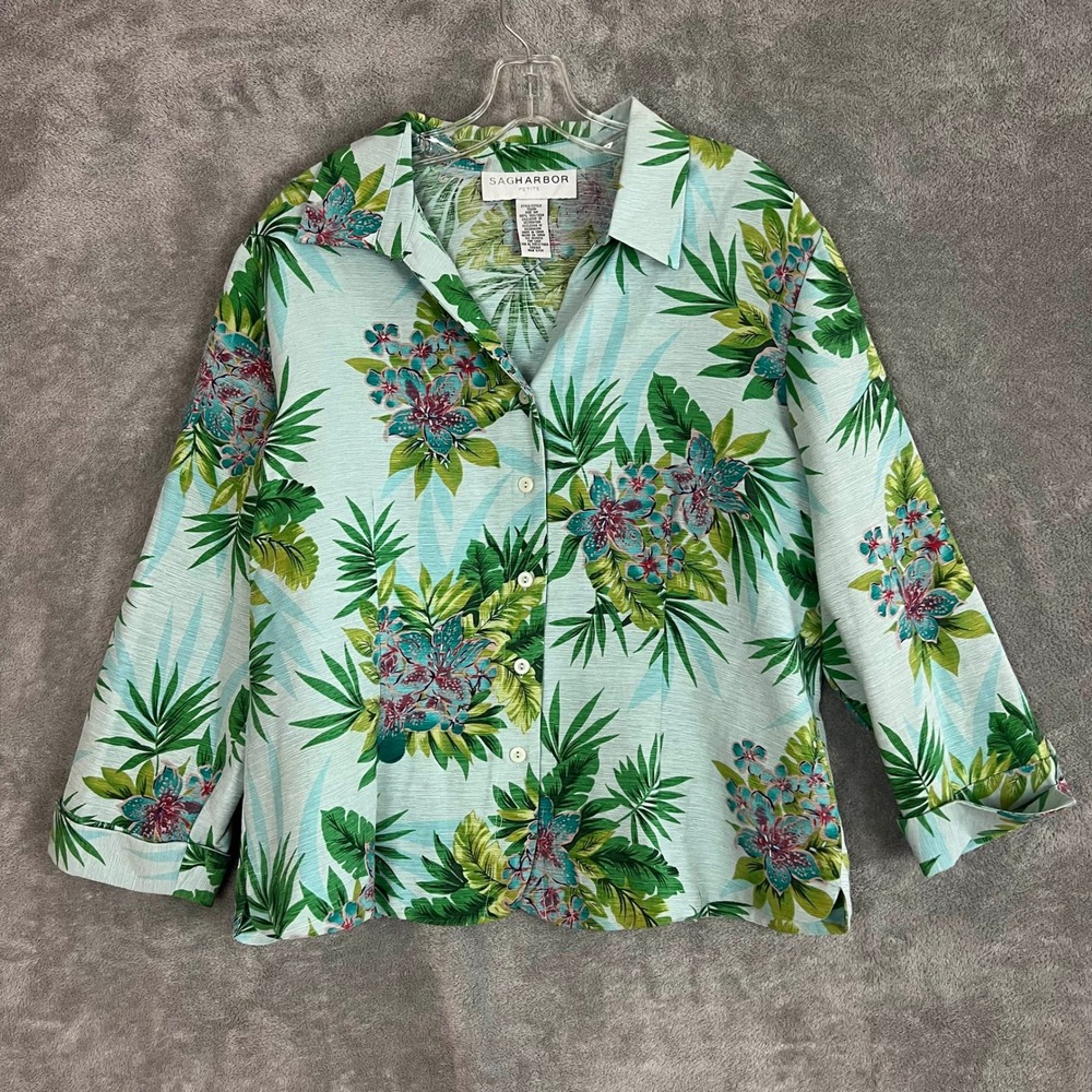 Vintage Sag Harbor Blouse Top Womens 16P 100% Silk Floral Hawaiian Beaded